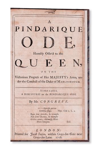 CONGREVE, WILLIAM.  A Pindarique Ode, Humbly Offerd to the Queen, on the Victorious Progress of Her Majestys Arms.  1706
